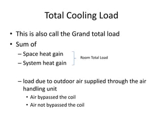 Total Cooling Load
• This is also call the Grand total load
• Sum of
  – Space heat gain           Room Total Load
  – System heat gain

  – load due to outdoor air supplied through the air
    handling unit
     • Air bypassed the coil
     • Air not bypassed the coil
 