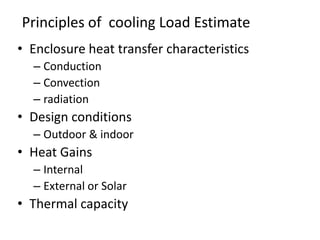 Principles of cooling Load Estimate
• Enclosure heat transfer characteristics
  – Conduction
  – Convection
  – radiation
• Design conditions
  – Outdoor & indoor
• Heat Gains
  – Internal
  – External or Solar
• Thermal capacity
 