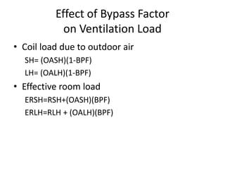 Effect of Bypass Factor
            on Ventilation Load
• Coil load due to outdoor air
  SH= (OASH)(1-BPF)
  LH= (OALH)(1-BPF)
• Effective room load
  ERSH=RSH+(OASH)(BPF)
  ERLH=RLH + (OALH)(BPF)
 