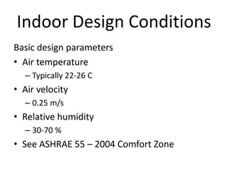 Indoor Design Conditions
Basic design parameters
• Air temperature
  – Typically 22-26 C
• Air velocity
  – 0.25 m/s
• Relative humidity
  – 30-70 %
• See ASHRAE 55 – 2004 Comfort Zone
 