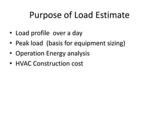Purpose of Load Estimate
•   Load profile over a day
•   Peak load (basis for equipment sizing)
•   Operation Energy analy...