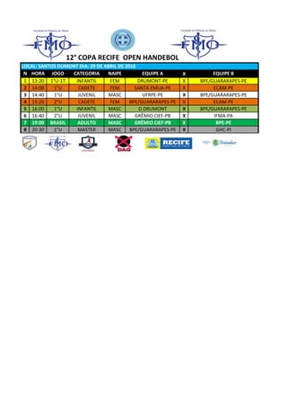 LOCAL: SANTOS DUMONT DIA: 29 DE ABRIL DE 2016
N HORA JOGO CATEGORIA NAIPE EQUIPE A X EQUIPE B
1 13:20 1°U-1T INFANTIL FEM DRUMONT-PE X BPE/GUARARAPES-PE
2 14:00 1°U CADETE FEM SANTA EMLIA-PE X ECAM-PE
3 14:40 1°U JUVENIL MASC UFRPE-PE X BPE/GUARARAPES-PE
4 15:20 2°U CADETE FEM BPE/GUARARAPES-PE X ECAM-PE
5 16:00 1°U INFANTIL MASC D.DRUMONT X BPE/GUARARAPES-PE
6 16:40 2°U JUVENIL MASC GRÊMIO CIEF-PB X IFMA-PA
7 19:00 BRASIL ADULTO MASC GRÊMIO CIEF-PB X BPE-PE
8 20:30 1°U MASTER MASC BPE/GUARARAPES-PE X GHC-PI
12° COPA RECIFE OPEN HANDEBOL
 