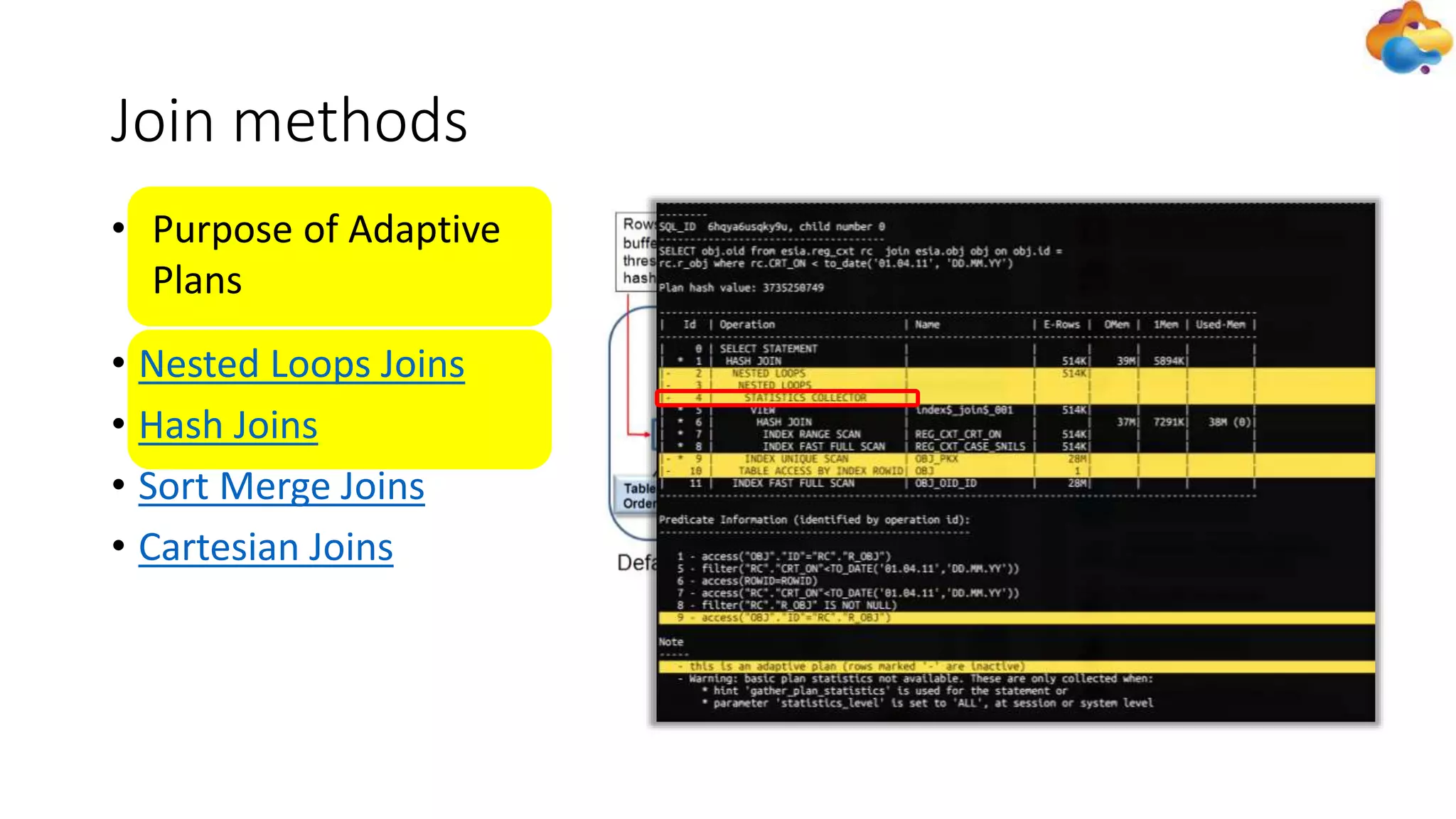 Join methods
• Nested Loops Joins
• Hash Joins
• Sort Merge Joins
• Cartesian Joins
• Purpose of Adaptive
Plans
 