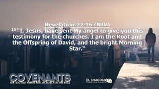 Revelation 22:16 (NIV)
16 "I, Jesus, have sent My angel to give you this
testimony for the churches. I am the Root and
the Offspring of David, and the bright Morning
Star.“
 