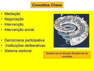 Conceitos Chave

•   Mediação
•   Negociação
•   Intervenção
•   Intervenção social.

• Democracia participativa
• Instituições deliberativas
• Sistema eleitoral.
                               Mudam-se os tempos Mudam-se as
                                          vontades
 