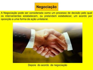 Negociação
A Negociação pode ser considerada como um processo de decisão pelo qual
os intervenientes estabelecem, ou pretendem estabelecer, um acordo por
oposição a uma forma de ação unilateral.




                     Depois do acordo de negociação
 