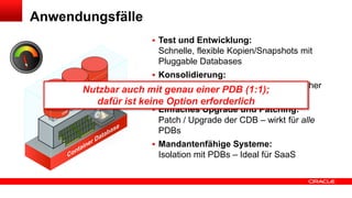 Clonen einer PDB
Beispiele
Lokale CDB
CREATE PLUGGABLE DATABASE tin FROM silver
SNAPSHOT COPY

Entfernte CDB (DB Link)
CREATE PLUGGABLE DATABASE pdb5 FROM bronze@[db_link]
FILE_NAME_CONVERT=('/u01/app/oracle/oradata/metal/bronze/',
'/u01/app/oracle/oradata/color/green/')
Identisches Endian-System ∙ Identische Datenbank-Optionen ∙ Kompatibler Character-Set

 