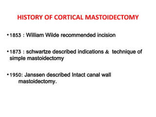 HISTORY OF CORTICAL MASTOIDECTOMY
•1853 : William Wilde recommended incision
•1873 : schwartze described indications & technique of
simple mastoidectomy
•1950: Janssen described Intact canal wall
mastoidectomy.
 