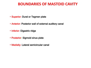 BOUNDARIES OF MASTOID CAVITY
• Superior: Dural or Tegmen plate
• Anterior: Posterior wall of external auditory canal
• Inferior: Digastric ridge
• Posterior: Sigmoid sinus plate
• Medially: Lateral semicircular canal
 