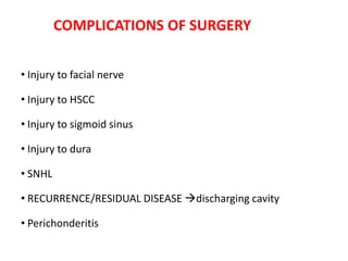 COMPLICATIONS OF SURGERY
• Injury to facial nerve
• Injury to HSCC
• Injury to sigmoid sinus
• Injury to dura
• SNHL
• RECURRENCE/RESIDUAL DISEASE discharging cavity
• Perichonderitis
 