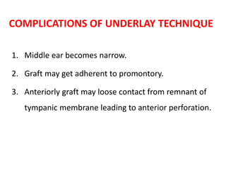 COMPLICATIONS OF UNDERLAY TECHNIQUE
1. Middle ear becomes narrow.
2. Graft may get adherent to promontory.
3. Anteriorly graft may loose contact from remnant of
tympanic membrane leading to anterior perforation.
 