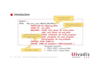 Introduction
12c SQL Pattern Matching – wann werde ich das benutzen?12
SELECT *
FROM dwh_etl_runs MATCH_RECOGNIZE (
PARTITION BY mapping_name
ORDER BY etl_date
MEASURES FIRST (etl_date) AS start_date
, LAST (etl_date) AS end_date
, FIRST (elapsed) AS first_elapsed
, LAST (elapsed) AS last_elapsed
, AVG(elapsed) AS avg_elapsed
PATTERN (STRT DOWN{3})
DEFINE DOWN AS elapsed < PREV(elapsed) )
As for analytic functions:
partition and order
Define measures, which are
accessible in the main query
Define search pattern with
regular expression over boolean
pattern variables
Define pattern variables
Navigation operators:
PREV, NEXT – physical offset
FIRST, LAST – logical offset
19.11.2015
 
