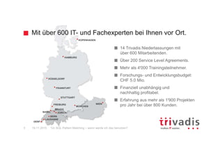 Unser Unternehmen.
12c SQL Pattern Matching – wann werde ich das benutzen?2 19.11.2015
Trivadis ist führend bei der IT-Beratung, der Systemintegration, dem Solution
Engineering und der Erbringung von IT-Services mit Fokussierung auf -
und -Technologien in der Schweiz, Deutschland, Österreich und
Dänemark. Trivadis erbringt ihre Leistungen aus den strategischen Geschäftsfeldern:
Trivadis Services übernimmt den korrespondierenden Betrieb Ihrer IT Systeme.
B E T R I E B
 