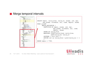 Merge temporal intervals
12c SQL Pattern Matching – wann werde ich das benutzen?40
...
SELECT empno, valid_from, valid_to, ename, job, mgr,
mgr_ename, hiredate, sal, comm, deptno, dname
FROM joined
MATCH_RECOGNIZE (
PARTITION BY empno, ename, job, mgr,
mgr_ename, hiredate, sal, comm,
deptno, dname
ORDER BY valid_from
MEASURES FIRST(valid_from) valid_from,
LAST(valid_to) valid_to
PATTERN ( strt nxt* )
DEFINE nxt as valid_from = prev(valid_to) + 1
)
WHERE empno = 7788;
19.11.2015
 