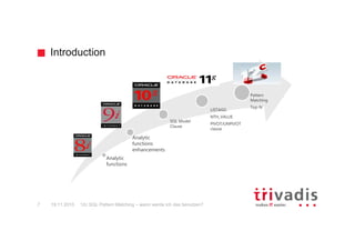 Introduction
12c SQL Pattern Matching – wann werde ich das benutzen?7 19.11.2015
Analytic
functions
Analytic
functions
enhancements
SQL Model
Clause
LISTAGG
NTH_VALUE
PIVOT/UNPIVOT
clause
Pattern
Matching
Top-N
 