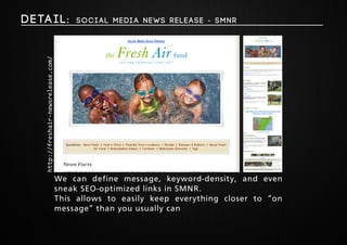 Deta i l : Soci al Medi a News Release - SMNR 
We can define message, keyword-density, and even 
sneak SEO-optimized links in SMNR. 
This allows to easily keep everything closer to “on 
message” than you usually can 
http://freshair-newsrelease.com/ 
 
