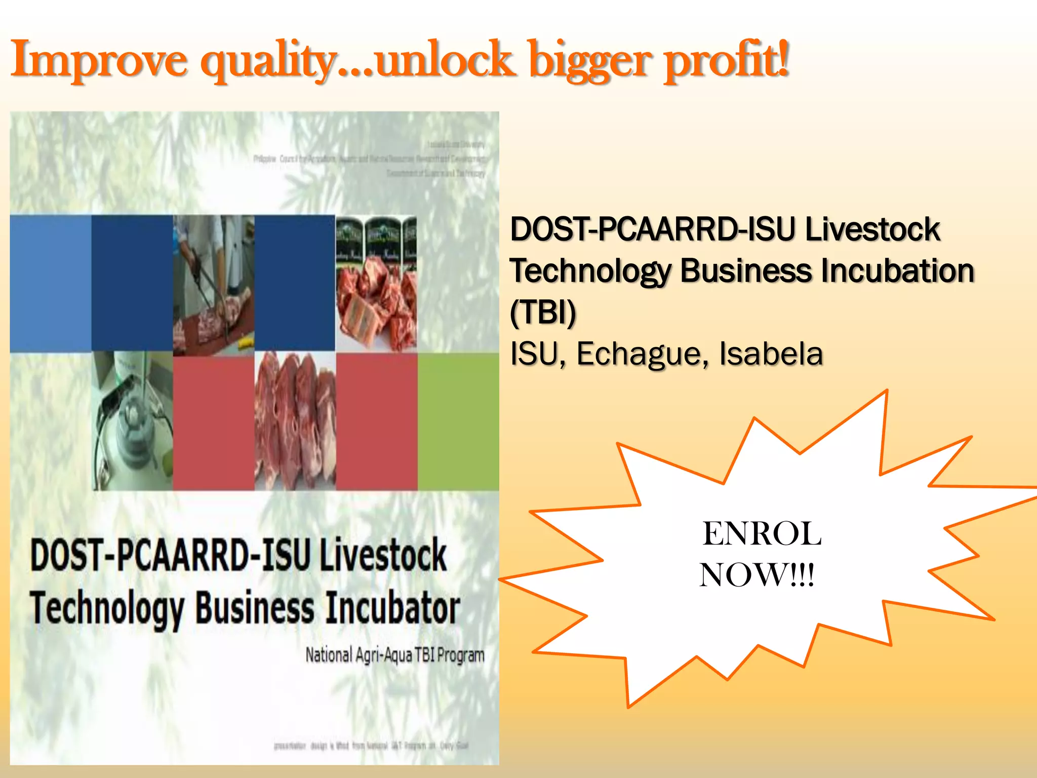Improve quality…unlock bigger profit!
DOST-PCAARRD-ISU Livestock
Technology Business Incubation
(TBI)
ISU, Echague, Isabela
ENROL
NOW!!!!
 
