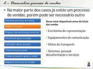 2 – Desenvolver processo de vendas
 Na maior parte dos casos já existe um processo
  de vendas, porém pode ser necessário outro
Desenhar processo de vendas        Dever estar disponíveis antes do início
                                   das vendas
Adquirir recursos

Preparar documentação comercial
                                    Escritórios de representação

Sistema de apoio a vendas           Equipamentos de comunicação

Contratar / alocar pessoal          Meios de transporte
Treinar força de venda              Sistemas, pessoal,
Treinar pessoal de apoio à venda
                                   documentação e serviços

Implantar processo de vendas
 