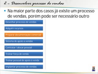 2 – Desenvolver processo de vendas
 Na maior parte dos casos já existe um processo
  de vendas, porém pode ser necessário outro
Desenhar processo de vendas

Adquirir recursos

Preparar documentação comercial

Sistema de apoio a vendas

Contratar / alocar pessoal

Treinar força de venda

Treinar pessoal de apoio à venda

Implantar processo de vendas
 