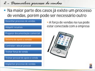 2 – Desenvolver processo de vendas
 Na maior parte dos casos já existe um processo
  de vendas, porém pode ser necessário outro
Desenhar processo de vendas
                                    A força de vendas na rua pode
Adquirir recursos                  estar conectada com a empresa

Preparar documentação comercial

Sistema de apoio a vendas

Contratar / alocar pessoal

Treinar força de venda

Treinar pessoal de apoio à venda

Implantar processo de vendas
 