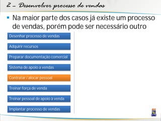 2 – Desenvolver processo de vendas
 Na maior parte dos casos já existe um processo
  de vendas, porém pode ser necessário outro
Desenhar processo de vendas

Adquirir recursos

Preparar documentação comercial

Sistema de apoio a vendas

Contratar / alocar pessoal

Treinar força de venda

Treinar pessoal de apoio à venda

Implantar processo de vendas
 