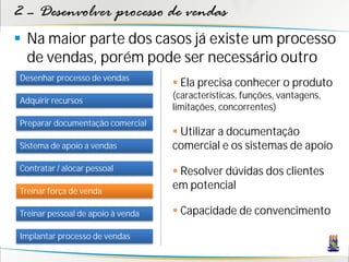 2 – Desenvolver processo de vendas
 Na maior parte dos casos já existe um processo
  de vendas, porém pode ser necessário outro
Desenhar processo de vendas
                                    Ela precisa conhecer o produto
                                   (características, funções, vantagens,
Adquirir recursos
                                   limitações, concorrentes)
Preparar documentação comercial
                                    Utilizar a documentação
Sistema de apoio a vendas          comercial e os sistemas de apoio
Contratar / alocar pessoal          Resolver dúvidas dos clientes
Treinar força de venda
                                   em potencial

Treinar pessoal de apoio à venda    Capacidade de convencimento

Implantar processo de vendas
 