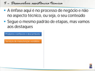 4 – Desenvolver assistência técnica
 A ênfase aqui é no processo de negócio e não
  no aspecto técnico, ou seja, o seu conteúdo
 Segue o mesmo padrão de etapas, mas vamos
  aos destaques
Produtos confiáveis e descartáveis


Serviços de manutenção vendidos
 