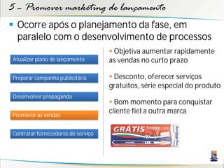 5 – Promover marketing de lançamento
 Ocorre após o planejamento da fase, em
  paralelo com o desenvolvimento de processos
                                     Objetiva aumentar rapidamente
Atualizar plano de lançamento       as vendas no curto prazo

Preparar campanha publicitária       Desconto, oferecer serviços
                                    gratuitos, série especial do produto
Desenvolver propaganda
                                     Bom momento para conquistar
Promover as vendas
                                    cliente fiel a outra marca

Contratar fornecedores de serviço
 