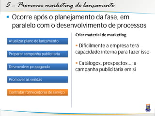 5 – Promover marketing de lançamento
 Ocorre após o planejamento da fase, em
  paralelo com o desenvolvimento de processos
                                    Criar material de marketing
Atualizar plano de lançamento
                                     Dificilmente a empresa terá
Preparar campanha publicitária      capacidade interna para fazer isso

                                     Catálogos, prospectos..., a
Desenvolver propaganda
                                    campanha publicitária em si
Promover as vendas


Contratar fornecedores de serviço
 