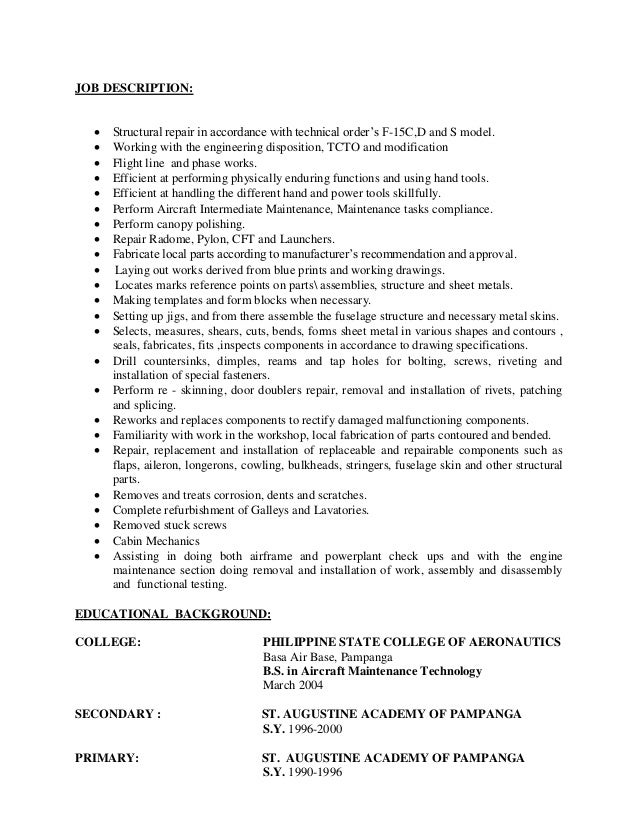 cv aircraft structures technician resume airline mechanic jobs