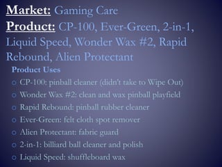 Market: Gaming Care
Product: CP-100, Ever-Green, 2-in-1,
Liquid Speed, Wonder Wax #2, Rapid
Rebound, Alien Protectant
Product Uses
o CP-100: pinball cleaner (didn’t take to Wipe Out)
o Wonder Wax #2: clean and wax pinball playfield
o Rapid Rebound: pinball rubber cleaner
o Ever-Green: felt cloth spot remover
o Alien Protectant: fabric guard
o 2-in-1: billiard ball cleaner and polish
o Liquid Speed: shuffleboard wax
 