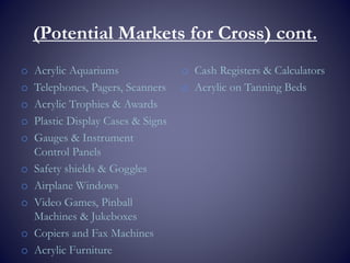 (Potential Markets for Cross) cont.
o Acrylic Aquariums
o Telephones, Pagers, Scanners
o Acrylic Trophies & Awards
o Plastic Display Cases & Signs
o Gauges & Instrument
Control Panels
o Safety shields & Goggles
o Airplane Windows
o Video Games, Pinball
Machines & Jukeboxes
o Copiers and Fax Machines
o Acrylic Furniture
o Cash Registers & Calculators
o Acrylic on Tanning Beds
 