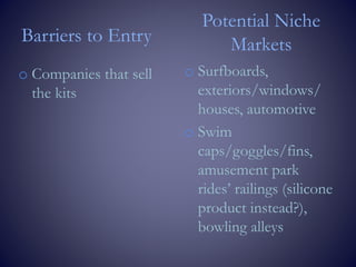 Barriers to Entry
o Companies that sell
the kits
Potential Niche
Markets
o Surfboards,
exteriors/windows/
houses, automotive
o Swim
caps/goggles/fins,
amusement park
rides’ railings (silicone
product instead?),
bowling alleys
 