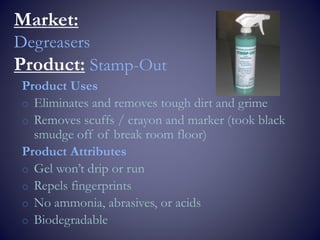 Market:
Degreasers
Product: Stamp-Out
Product Uses
o Eliminates and removes tough dirt and grime
o Removes scuffs / crayon and marker (took black
smudge off of break room floor)
Product Attributes
o Gel won’t drip or run
o Repels fingerprints
o No ammonia, abrasives, or acids
o Biodegradable
 