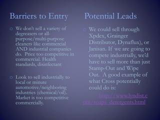 Barriers to Entry
o We don’t sell a variety of
degreasers or all-
purpose/multi-purpose
cleaners like commercial
AND industrial companies
do. Price too competitive in
commercial. Health
standards, disinfectant
o Look to sell industrially to
local or minute
automotive/neighboring
industries (chemical/oil).
Market is too competitive
commercially.
Potential Leads
o We could sell through
Xpdex, Grainger
Distributor, Dynaflux), or
Janisan. If we are going to
compete industrially, we’d
have to sell more than just
Stamp-Out and Wipe
Out. A good example of
what Cross potentially
could do is:
http://www.lyndist.c
om/soaps_detergents.html
 