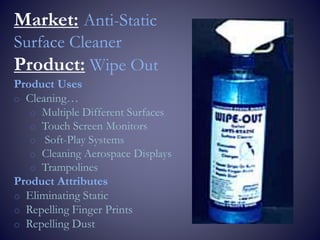 Market: Anti-Static
Surface Cleaner
Product: Wipe Out
Product Uses
o Cleaning…
o Multiple Different Surfaces
o Touch Screen Monitors
o Soft-Play Systems
o Cleaning Aerospace Displays
o Trampolines
Product Attributes
o Eliminating Static
o Repelling Finger Prints
o Repelling Dust
 