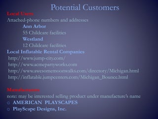 Potential Customers
Local Users
Attached-phone numbers and addresses
Ann Arbor
55 Childcare facilities
Westland
12 Childcare facilities
Local Inflatable Rental Companies
http://www.jump-city.com/
http://www.acmepartyworks.com
http://www.awesomemoonwalks.com/directory/Michigan.html
http://inflatable.jumpcenters.com/Michigan_Bounce.html
Manufacturers
note: may be interested selling product under manufacture’s name
o AMERICAN PLAYSCAPES
o PlayScape Designs, Inc.
 
