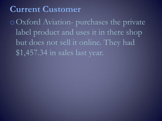Current Customer
oOxford Aviation- purchases the private
label product and uses it in there shop
but does not sell it online. They had
$1,457.34 in sales last year.
 