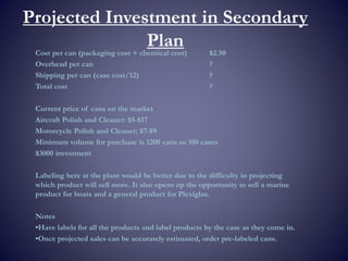 Projected Investment in Secondary
PlanCost per can (packaging cost + chemical cost) $2.50
Overhead per can ?
Shipping per can (case cost/12) ?
Total cost ?
Current price of cans on the market
Aircraft Polish and Cleaner: $5-$17
Motorcycle Polish and Cleaner: $7-$9
Minimum volume for purchase is 1200 cans so 100 cases
$3000 investment
Labeling here at the plant would be better due to the difficulty in projecting
which product will sell more. It also opens up the opportunity to sell a marine
product for boats and a general product for Plexiglas.
Notes
•Have labels for all the products and label products by the case as they come in.
•Once projected sales can be accurately estimated, order pre-labeled cans.
 