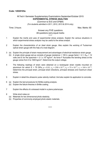 experimental stress analysis previous question papers | PDF