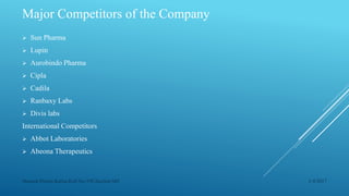 Major Competitors of the Company
 Sun Pharma
 Lupin
 Aurobindo Pharma
 Cipla
 Cadila
 Ranbaxy Labs
 Divis labs
International Competitors
 Abbot Laboratories
 Abeona Therapeutics
1/4/2017Manash Pratim Kalita,Roll No-198,Section-M4
 