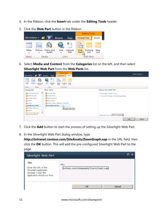 15 www.microsoft.com/sharepoint
4. In the Ribbon, click the Insert tab under the Editing Tools header.
5. Click the Web Part button in the Ribbon.
6. Select Media and Content from the Categories list on the left, and then select
Silverlight Web Part from the Web Parts list.
7. Click the Add button to start the process of setting up the Silverlight Web Part.
8. In the Silverlight Web Part dialog window, type
http://intranet.contoso.com/SiteAssets/ZoomGraph.xap in the URL field, then
click the OK button. This will add the pre-configured Silverlight Web Part to the
page.
 