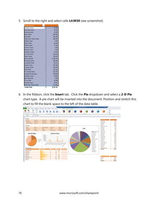 76 www.microsoft.com/sharepoint
5. Scroll to the right and select cells L4:M30 (see screenshot).
6. In the Ribbon, click the Insert tab. Click the Pie dropdown and select a 2-D Pie
chart type. A pie chart will be inserted into the document. Position and stretch this
chart to fill the blank space to the left of the data table.
 