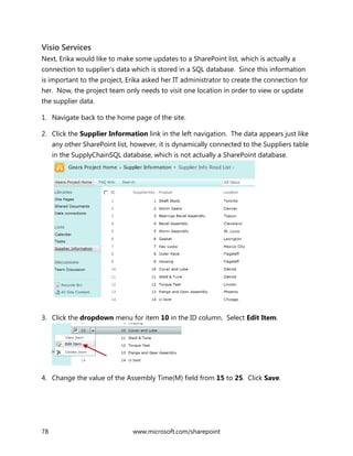 78 www.microsoft.com/sharepoint
Visio Services
Next, Erika would like to make some updates to a SharePoint list, which is actually a
connection to supplier’s data which is stored in a SQL database. Since this information
is important to the project, Erika asked her IT administrator to create the connection for
her. Now, the project team only needs to visit one location in order to view or update
the supplier data.
1. Navigate back to the home page of the site.
2. Click the Supplier Information link in the left navigation. The data appears just like
any other SharePoint list, however, it is dynamically connected to the Suppliers table
in the SupplyChainSQL database, which is not actually a SharePoint database.
3. Click the dropdown menu for item 10 in the ID column. Select Edit Item.
4. Change the value of the Assembly Time(M) field from 15 to 25. Click Save.
 