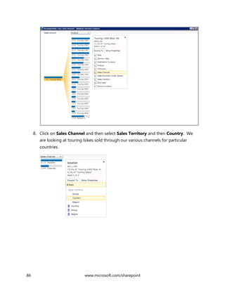 86 www.microsoft.com/sharepoint
8. Click on Sales Channel and then select Sales Territory and then Country. We
are looking at touring bikes sold through our various channels for particular
countries.
 