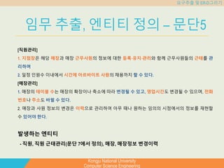 Kongju National University
Computer Science Engineering
요구추출 및 ER-D그리기
임무 추출, 엔티티 정의 – 문단5
[직원관리]
1. 지점장은 해당 매장과 매장 근무사원의 정보에 대한 등록⋅유지⋅관리와 함께 근무사원들의 근태를 관
리하며
2. 일정 인원수 이내에서 시간제 아르바이트 사원의 채용까지 할 수 있다.
[매장관리]
1. 매장의 테이블 수는 매장의 확장이나 축소에 따라 변경될 수 있고, 영업시간도 변경될 수 있으며, 전화
번호나 주소도 바뀔 수 있다.
2. 매장과 사원 정보의 변경은 이력으로 관리하여 아무 때나 원하는 임의의 시점에서의 정보를 재현할
수 있어야 한다.
발생하는 엔티티
- 직원, 직원 근태관리(문단 7에서 정의), 매장, 매장정보 변경이력
 