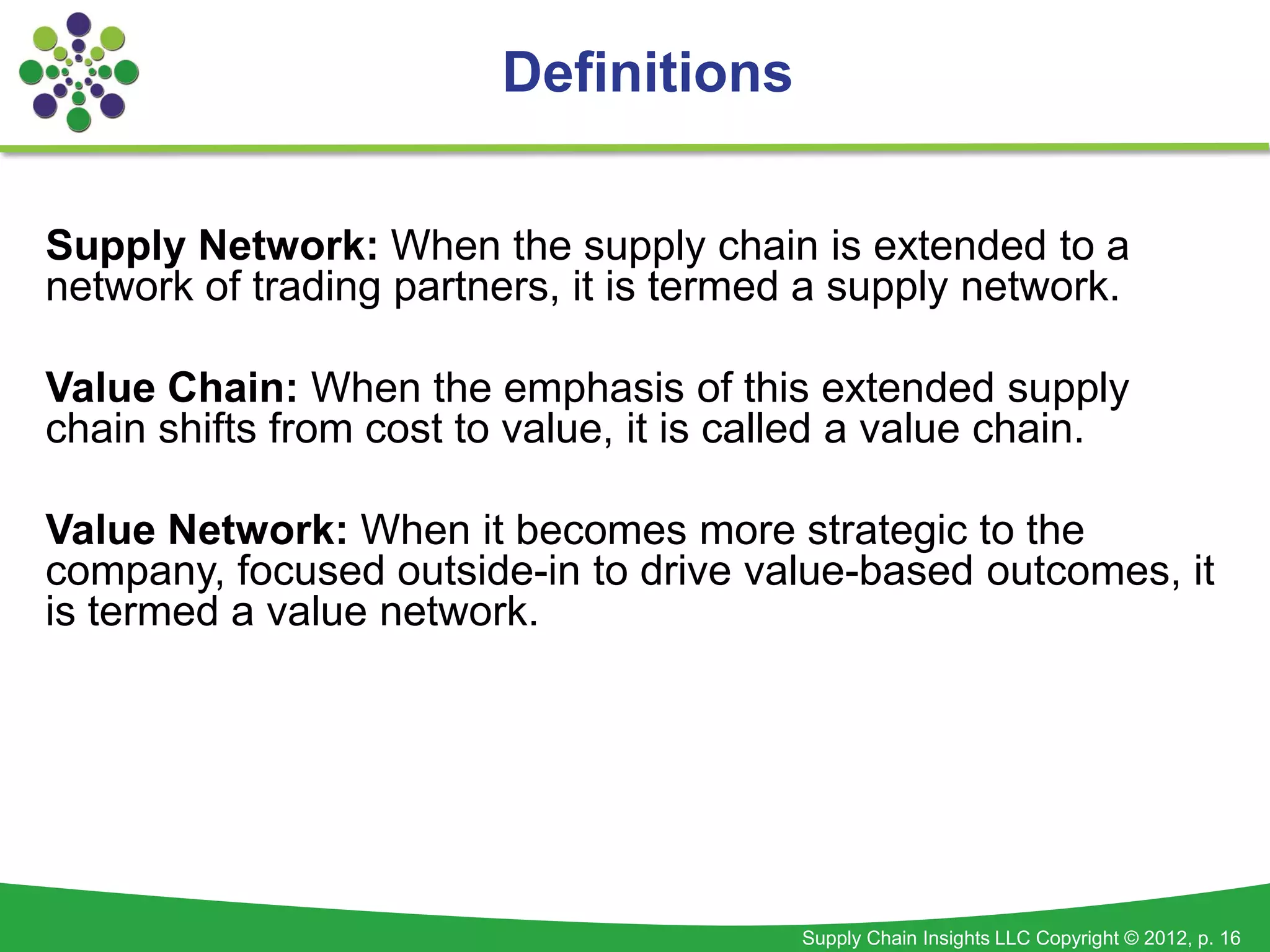 Definitions

Supply Network: When the supply chain is extended to a
network of trading partners, it is termed a supply network.

Value Chain: When the emphasis of this extended supply
chain shifts from cost to value, it is called a value chain.

Value Network: When it becomes more strategic to the
company, focused outside-in to drive value-based outcomes, it
is termed a value network.




                                         Supply Chain Insights LLC Copyright © 2012, p. 16
 