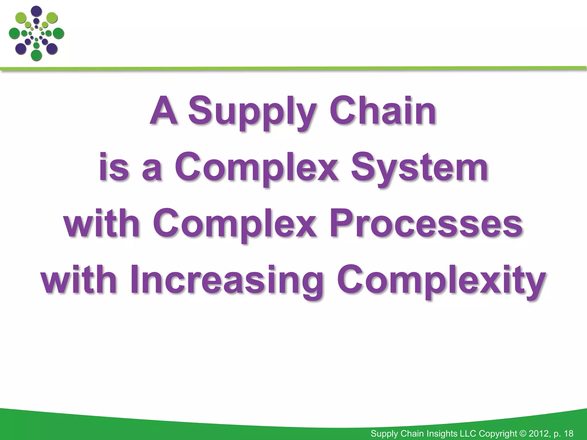 A Supply Chain
   is a Complex System
 with Complex Processes
with Increasing Complexity


                Supply Chain Insights LLC Copyright © 2012, p. 18
 