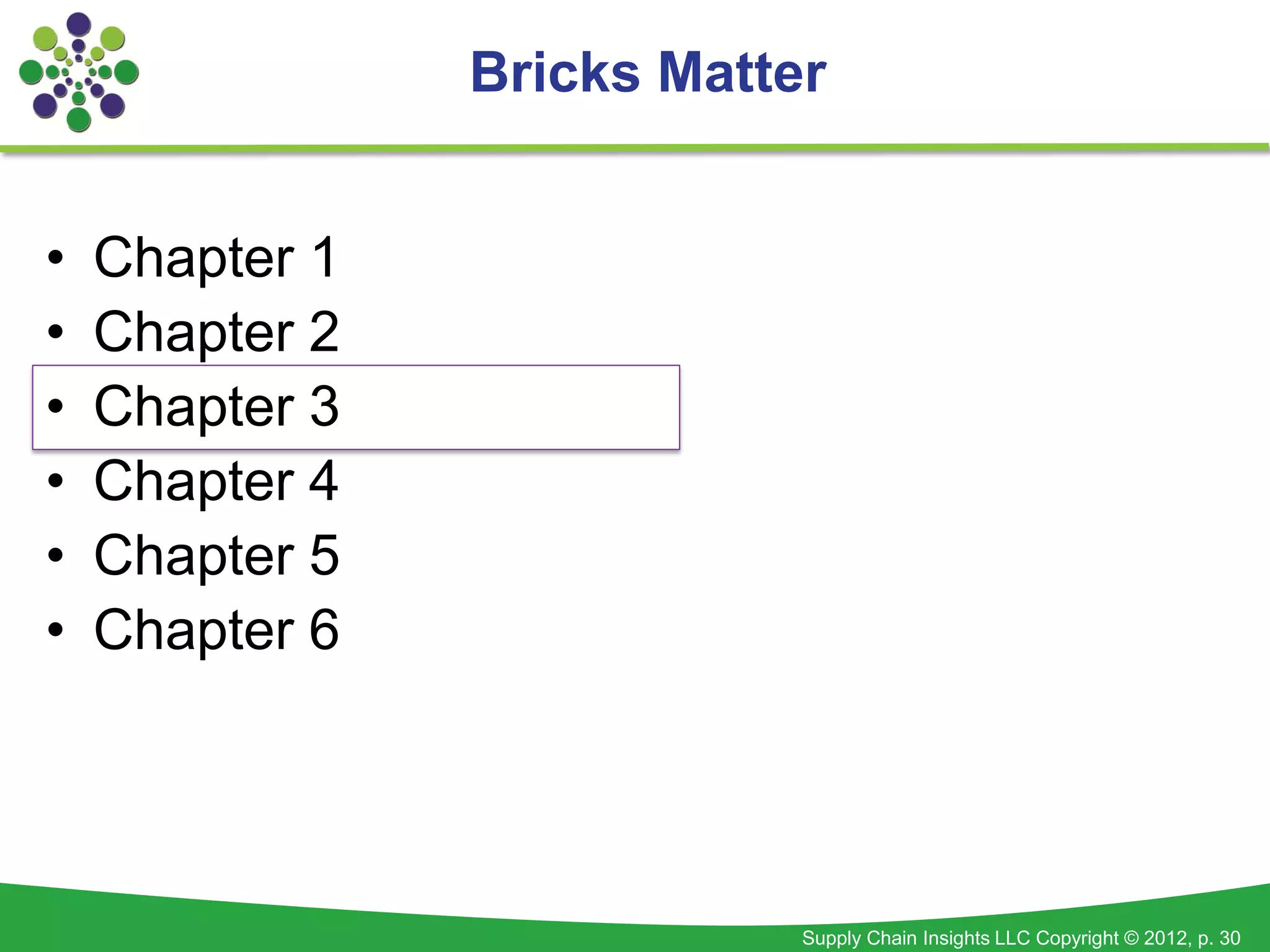 Bricks Matter


•   Chapter 1
•   Chapter 2
•   Chapter 3
•   Chapter 4
•   Chapter 5
•   Chapter 6




                            Supply Chain Insights LLC Copyright © 2012, p. 30
 