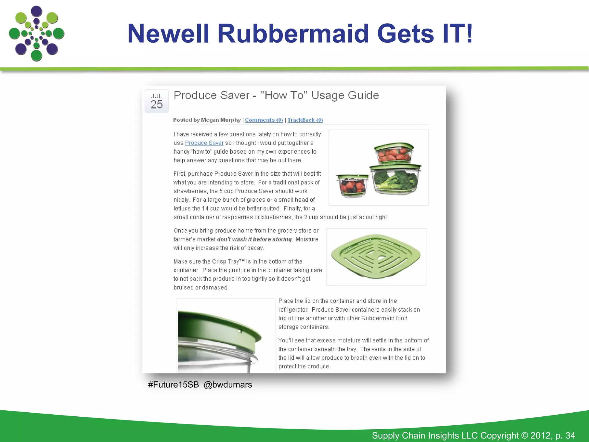 Newell Rubbermaid Gets IT!




 #Future15SB @bwdumars




                         Supply Chain Insights LLC Copyright © 2012, p. 34
 